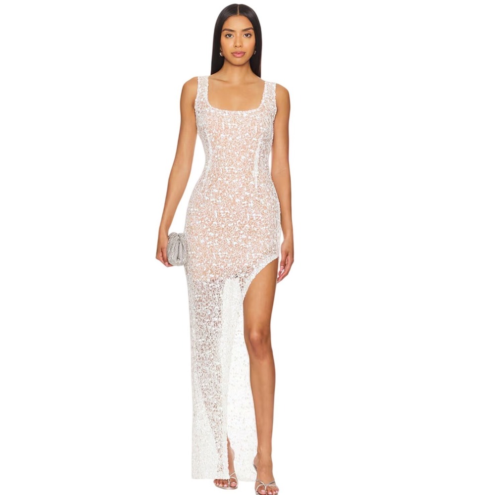 Revolve Nadine Merabi Maya White Sequin Pearl Lace Maxi Dress Bridal Gown US 4 S